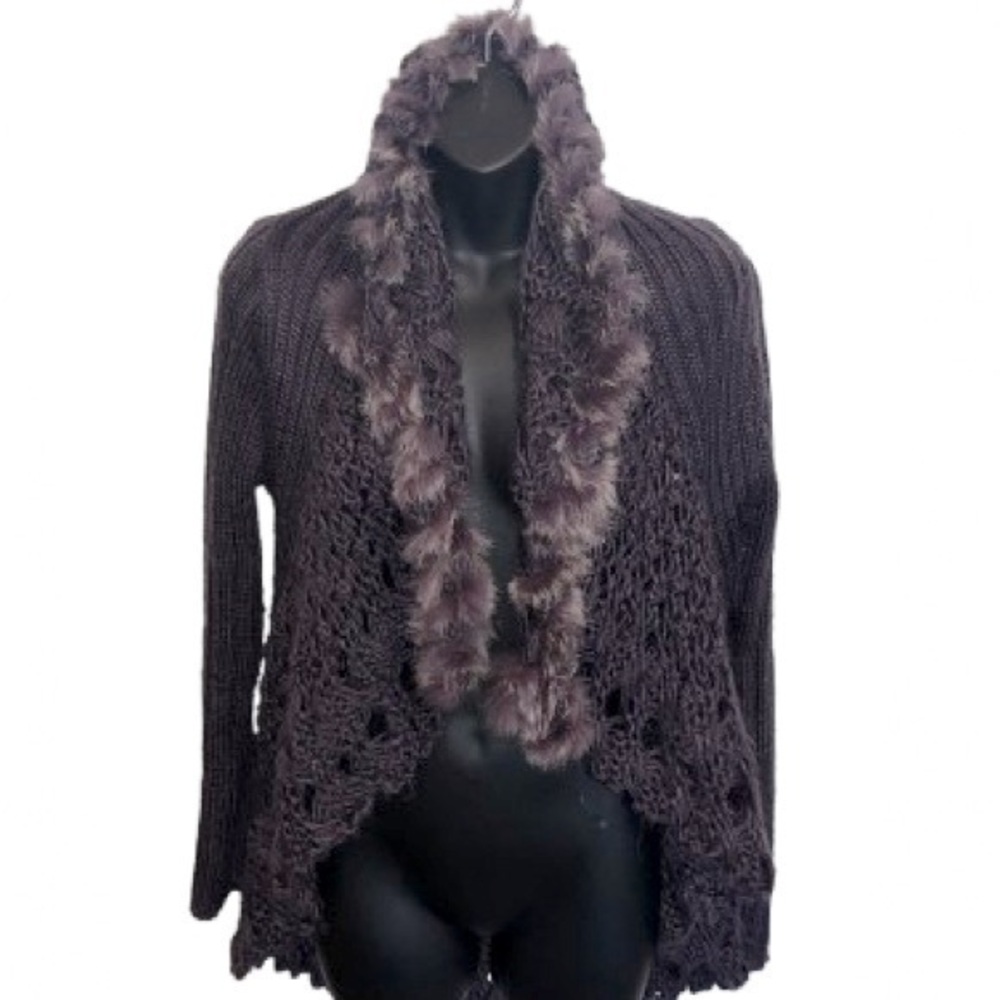 John Fashion purple open cardigan knit crochet sweater with faux fur size XL